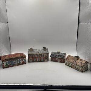 Set Of 4 Vintage Keystone Wooden Block Village Buildings